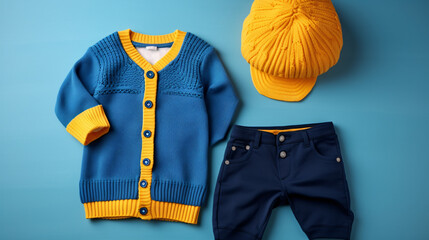Cute blue knitted childrens jacket with yellow hat