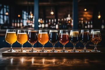 Different sorts of craft beer in glasses on wooden bar. - obrazy, fototapety, plakaty