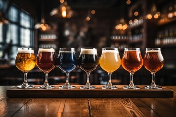 Different sorts of craft beer in glasses on wooden bar.