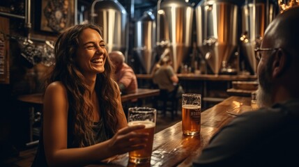 Group of people tasting beer, Friends enjoying a fine beer at a local brewery. - obrazy, fototapety, plakaty
