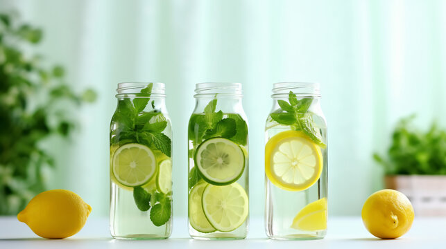 Fresh lime and mint infused water cocktail detox