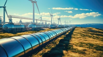 Hydrogen pipeline with wind turbines in the background.