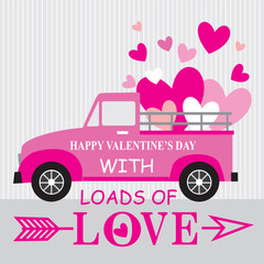 happy valentine's day with hearts and pink car