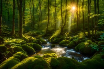 Green forest in sunlight with forest stream generative ai technology