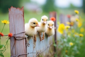 group of yellow ducklings sitting on a farm fence