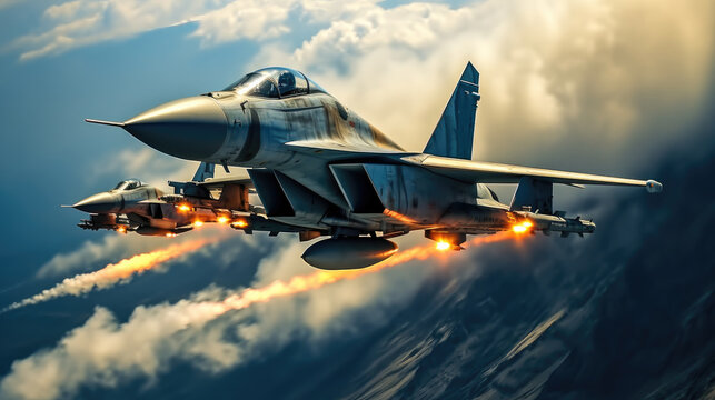 Air combat, Pair of combat fighter jet on a military mission with weapons.