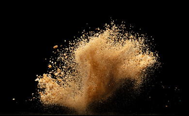 Big size Sand flying explosion, Golden grain wave explode. Abstract cloud fly. Yellow colored sand...