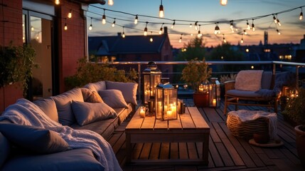 Cozy outdoor terrace of house with string lights at autumn.
