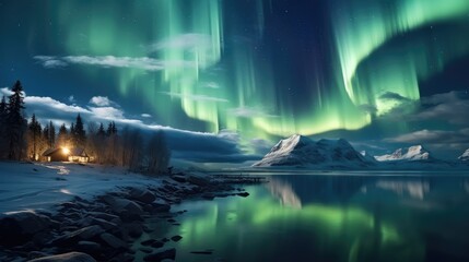 Amazing landscape with aurora borealis over lake.