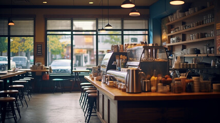Local coffee shop interior. Cozy small cafe - obrazy, fototapety, plakaty