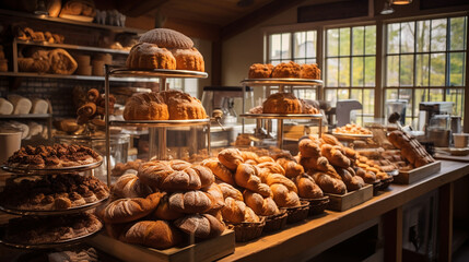 Modern bakery with different kinds of bread, cakes and buns. - obrazy, fototapety, plakaty