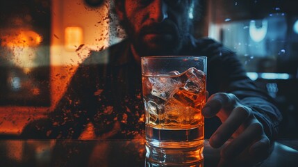 A somber depiction of alcohol addiction, showcasing a person struggling with alcoholic tendencies, symbolizing the distressing issue of drinking problems in society. - obrazy, fototapety, plakaty