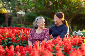 asian senior woman grandma with middle age daughter enjoy relaxing together in the flowers park,concept of love and family relationship,holiday