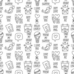 Valentines Day doodle style seamless pattern in black and white, hand-drawn love theme icons and quotes background. Romantic mood, cute symbols and elements collection.