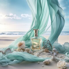 Scenic beach composition showcasing an aromatic perfume against flowing fabric and coastal treasures