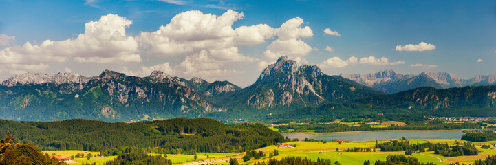 panoramic landscape and nature with alps mountain range in Bavaria, Germany