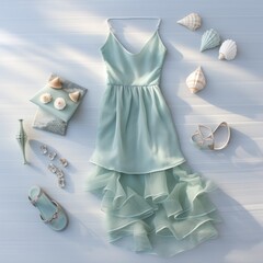 Summery aerial view of a seafoam green dress with matching accessories and seashells spread out on a wooden surface