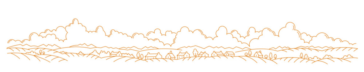 Countryside rural landscape. Field and village. Vector line. Editable outline stroke.