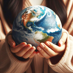 Woman's hands hold planet as a sign of protection. World Earth Day. AI generated