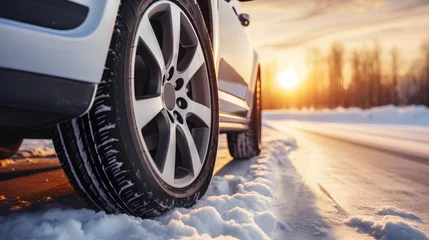 Fotobehang A closeup photo showcasing the intricate tread pattern of a winter tire, emphasizing the specialized design for enhanced grip and safety while driving on snowy and icy roads during winter conditions. © TensorSpark
