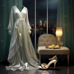 Satin bridal or evening gown in a luxurious setting with city skyline in the background at night