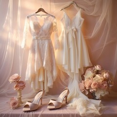 Elegant bridal gowns hanging in a dreamy, sunlit room with flowers and shoes, conveying love and marriage