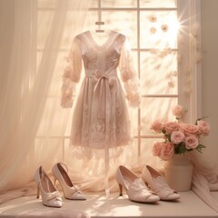 Semi-transparent lace bridal dress in a beautifully lit room, exuding warmth and marital bliss