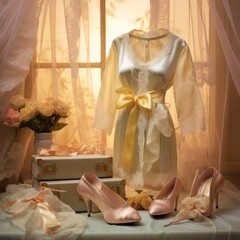 Vintage inspired bridal robe with elegant shoes and book stack on a table, amidst warm romantic ambiance