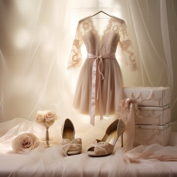 Delicate lace bridal dress displayed in an elegant room with shoes and roses, symbolizing romance