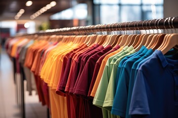 Fashion clothes in shop at shopping mall, Colorful shirts.