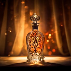 Exquisite clear glass perfume bottle illuminated by a warm golden backlight creating a luxurious ambiance