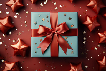 Christmas gift box with red ribbon on a red background with gold stars. Generative AI