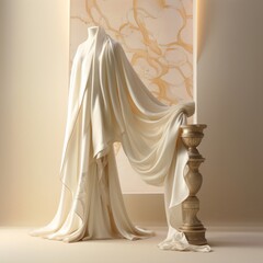 A serene composition featuring an ivory fabric elegantly draped over a classical fluted column