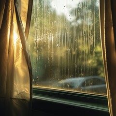 Warm sunlight shines through a window with raindrops, casting light on the golden curtain