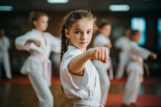 Girls practice karate in the gym, children's sports, and self-defense.