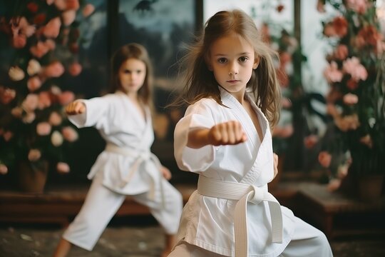 Girls practice karate in the gym, children's sports, and self-defense.