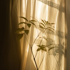 Sunbeams cast a detailed shadow of a house plant over draped curtains in a cozy setting
