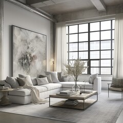 Chic living space with a plush sofa, large windows, and an eye-catching abstract painting