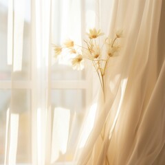 Dried flowers complement the warm glow on a gently tied curtain, offering a touch of nostalgia