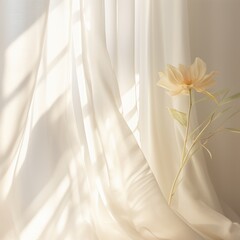 A lone flower on a sheer curtain softly backlit by sunlight, creating an atmosphere of calm