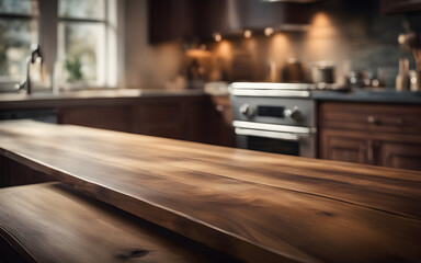 Closeup on an empty wooden table with kitchen in background