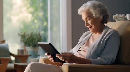 Connexion intergénérationnelle : Femme âgée utilisant une tablette dans sa maison de retraite - obrazy, fototapety, plakaty
