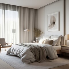 Tranquil bedroom decorated with neutral colors, creating a cozy and inviting space with soft lighting