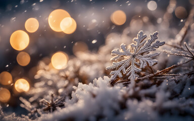 Fototapeta na wymiar Closeup on snowflakes on the ground, with a winter defocused background