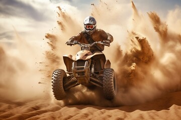 bike in dust cloud, sand quarry on background. ATV Rider in the action - obrazy, fototapety, plakaty