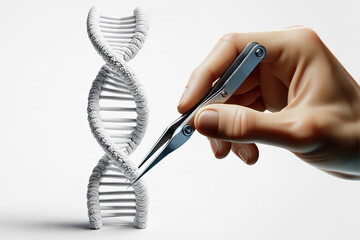 Gene therapy, genomics, CRISPR gene editing, human hand with precision tweezers editing a dna strand isolated on white background - obrazy, fototapety, plakaty