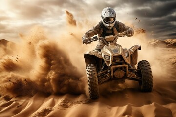 bike in dust cloud, sand quarry on background. ATV Rider in the action