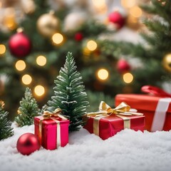 Concept of Christmas. Christmas colorful gifts, ball and Christmas tree fir on snow in winter