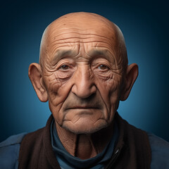 Portrait sérieux d'un homme âgé d'origine maghrébine sur fond bleu