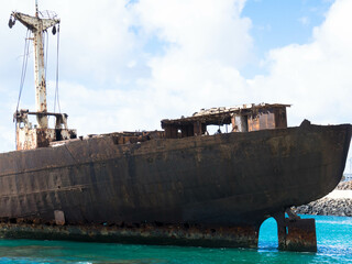Shipwreck called Temple Hall or Telamon in a bay near Arrecifes industrial port on the Canary Islands of Lanzarote.
Ecological disaster. 
